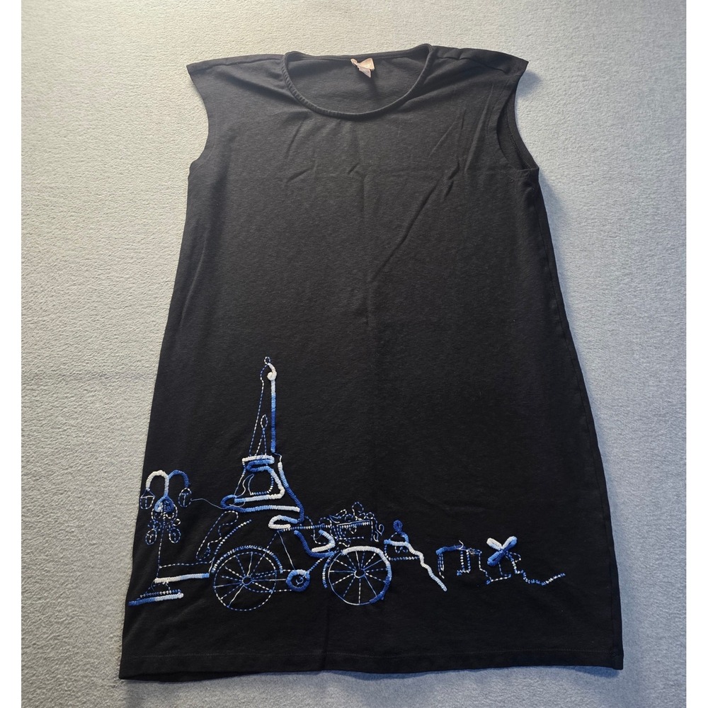Chicos Shift Dress Size 3 Black Eiffel Tower Paris Embroidered Sleeveless Artsy